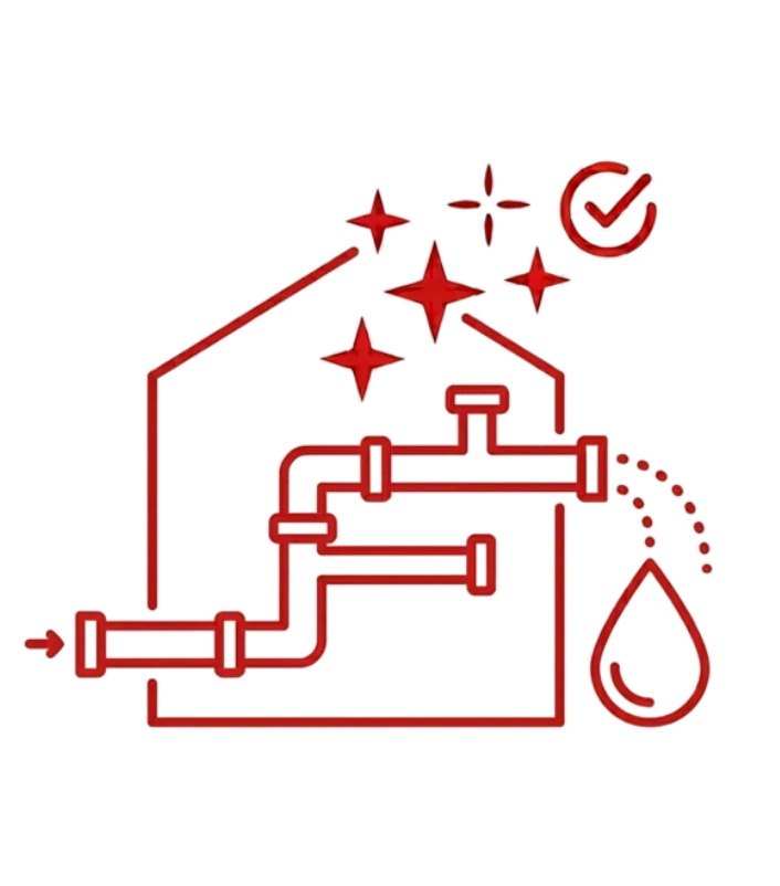 Red line icon of a residential water pipe with flowing water and repair details, representing water line installation, repair, and replacement services for residential plumbing, custom home plumbing, and new construction projects.
