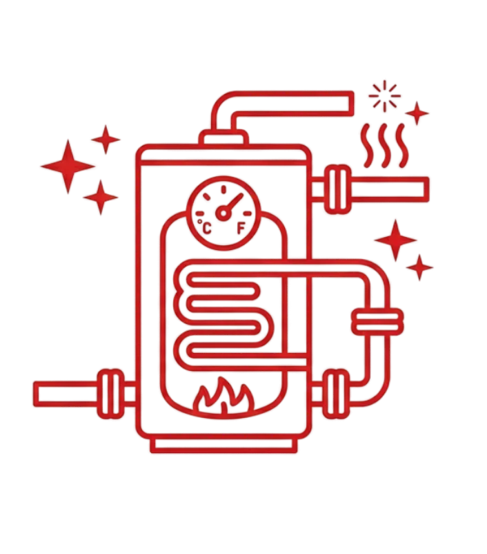 Red line icon of a water heater with plumbing connections and decorative accents, representing professional water heater installation, replacement, and residential plumbing services that provide dependable hot water for homeowners.