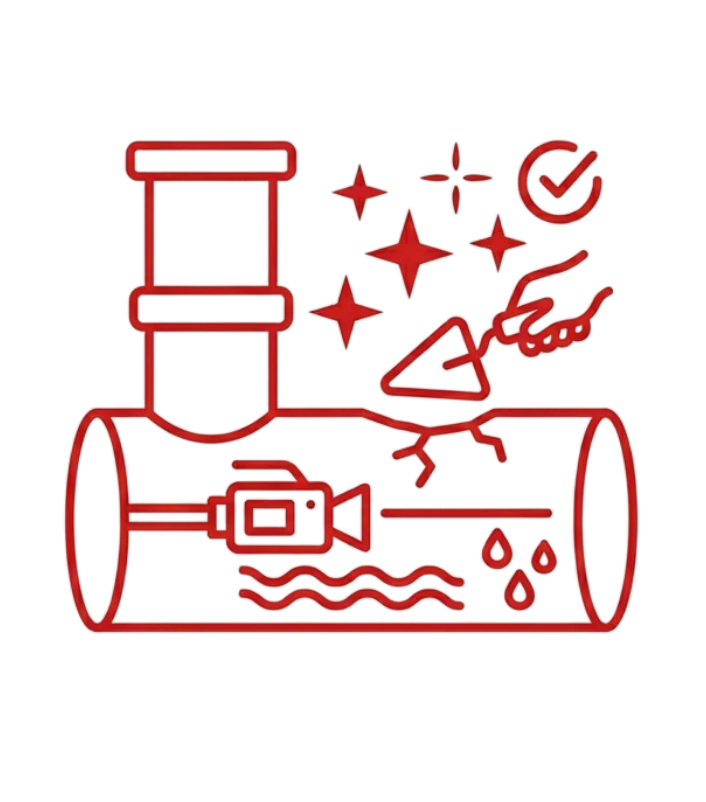 Red line icon of an underground sewer pipe with repair and maintenance elements, representing sewer line repair, sewer replacement, and professional residential plumbing services that restore safe and reliable wastewater flow.