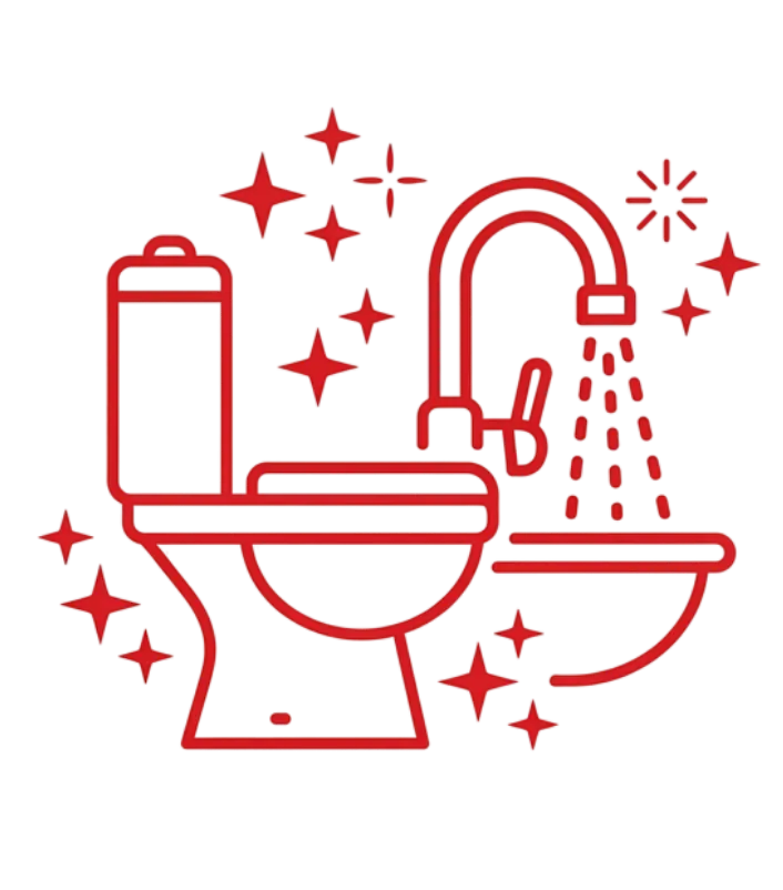 Red line icon of a toilet, sink, and faucet with sparkling accents, representing professional bathroom and kitchen plumbing services, fixture installation, plumbing repairs, and quality residential plumbing workmanship for new homes and remodels.
