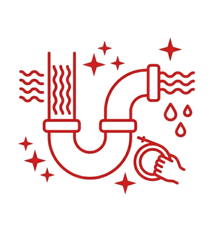 Red line icon of a plumbing drain pipe with cleaning elements and flowing water details, representing professional drain cleaning services, clog removal, and reliable residential plumbing maintenance for healthy plumbing systems.