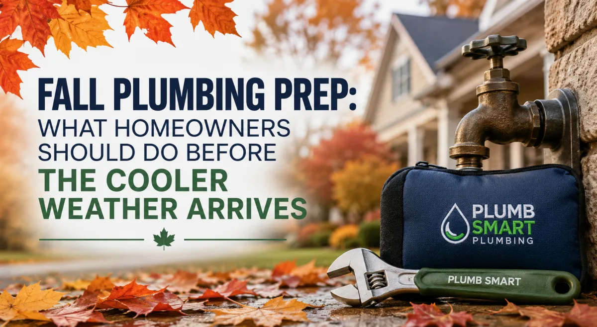 Fall plumbing preparation graphic for Plumb Smart Plumbing featuring an outdoor faucet, plumbing tools, autumn leaves, and a home, encouraging homeowners to prepare their plumbing for cooler weather.