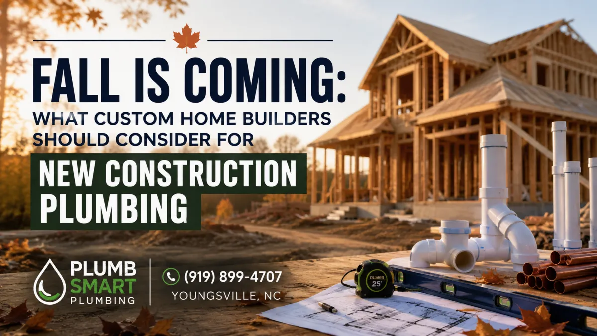 Fall new construction plumbing graphic for custom home builders featuring a residential home under construction, plumbing pipes, blueprints, and tools from Plumb Smart Plumbing in Youngsville, NC.
