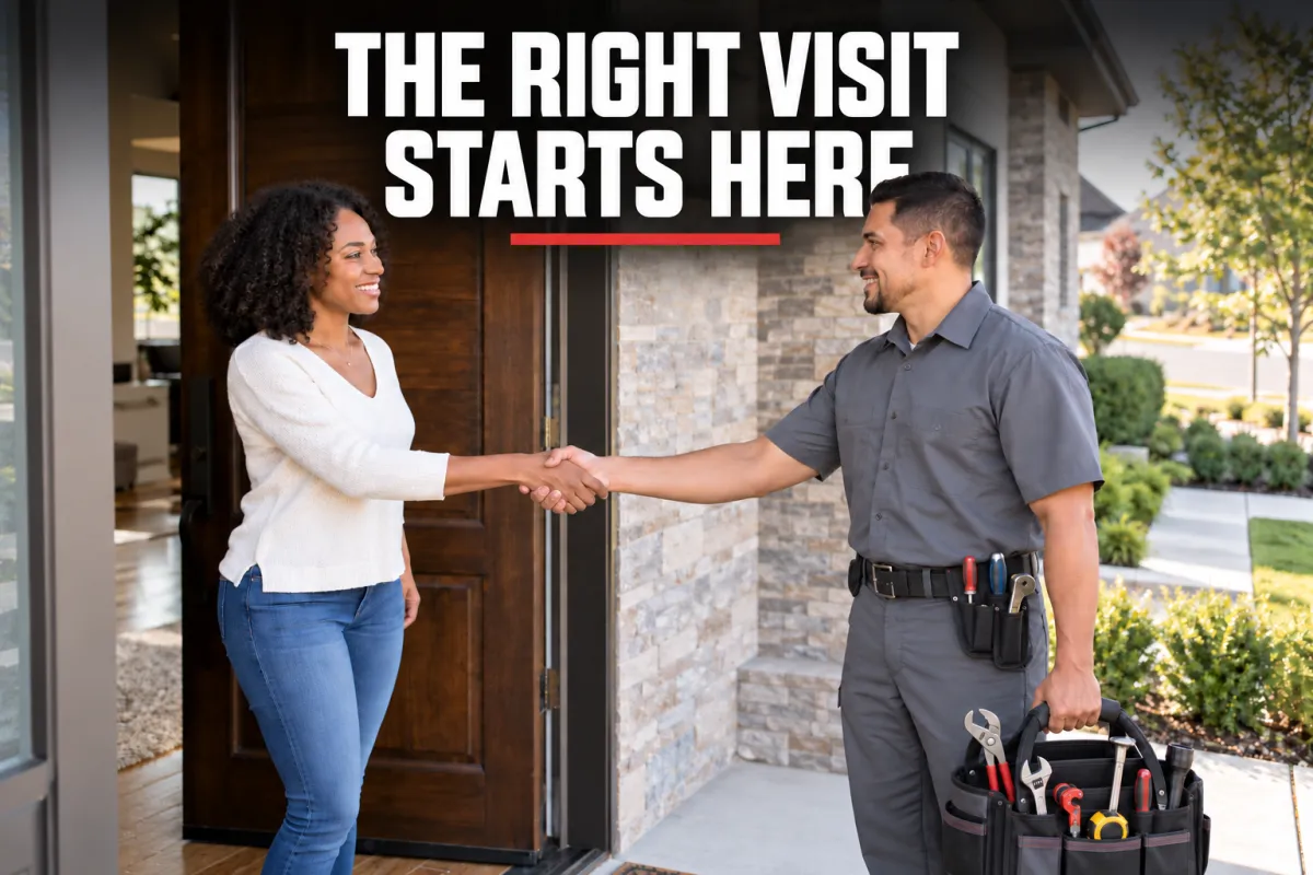 Professional plumbing technician arriving with tools and greeting a homeowner at her front door.