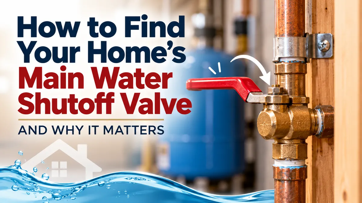 Close-up of a brass main water shutoff valve with a red lever on copper plumbing pipes, featured on a homeowner guide about locating the valve and understanding its importance.
