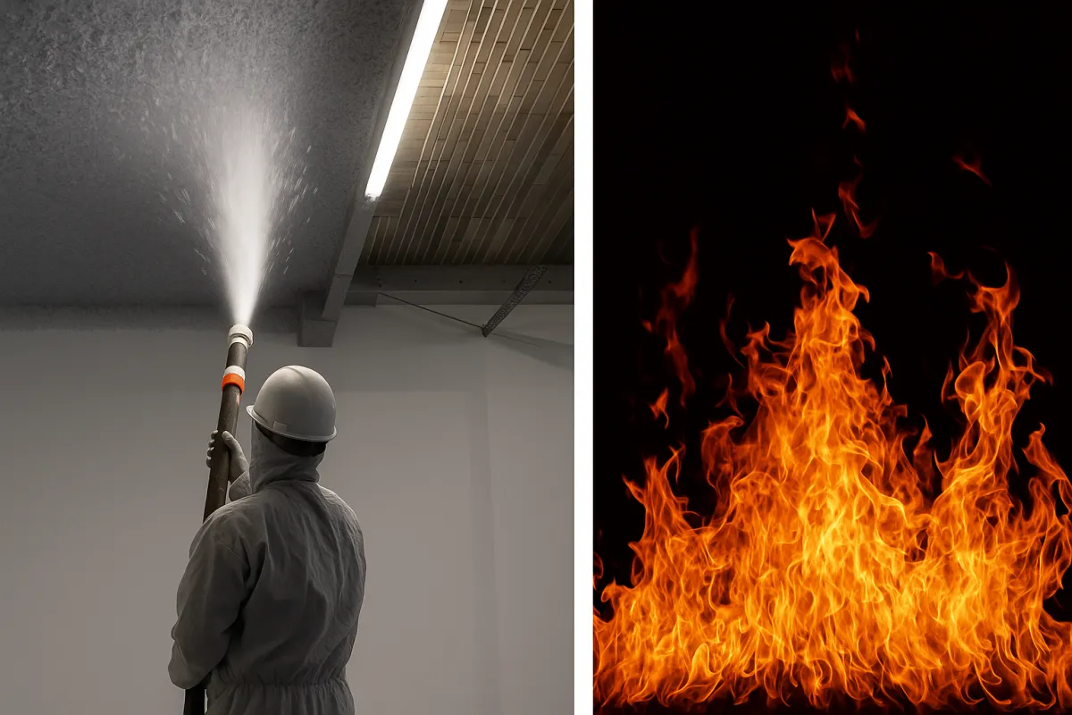 Projection de flocage coupe-feu sous plafond de chaufferie et locaux techniques – protection passive incendie ERBI