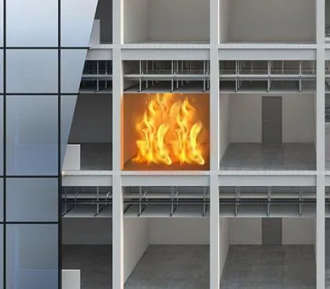 Étage d’un bâtiment en feu, avec étages protégés par système de protection passive incendie – sécurité incendie bâtiment