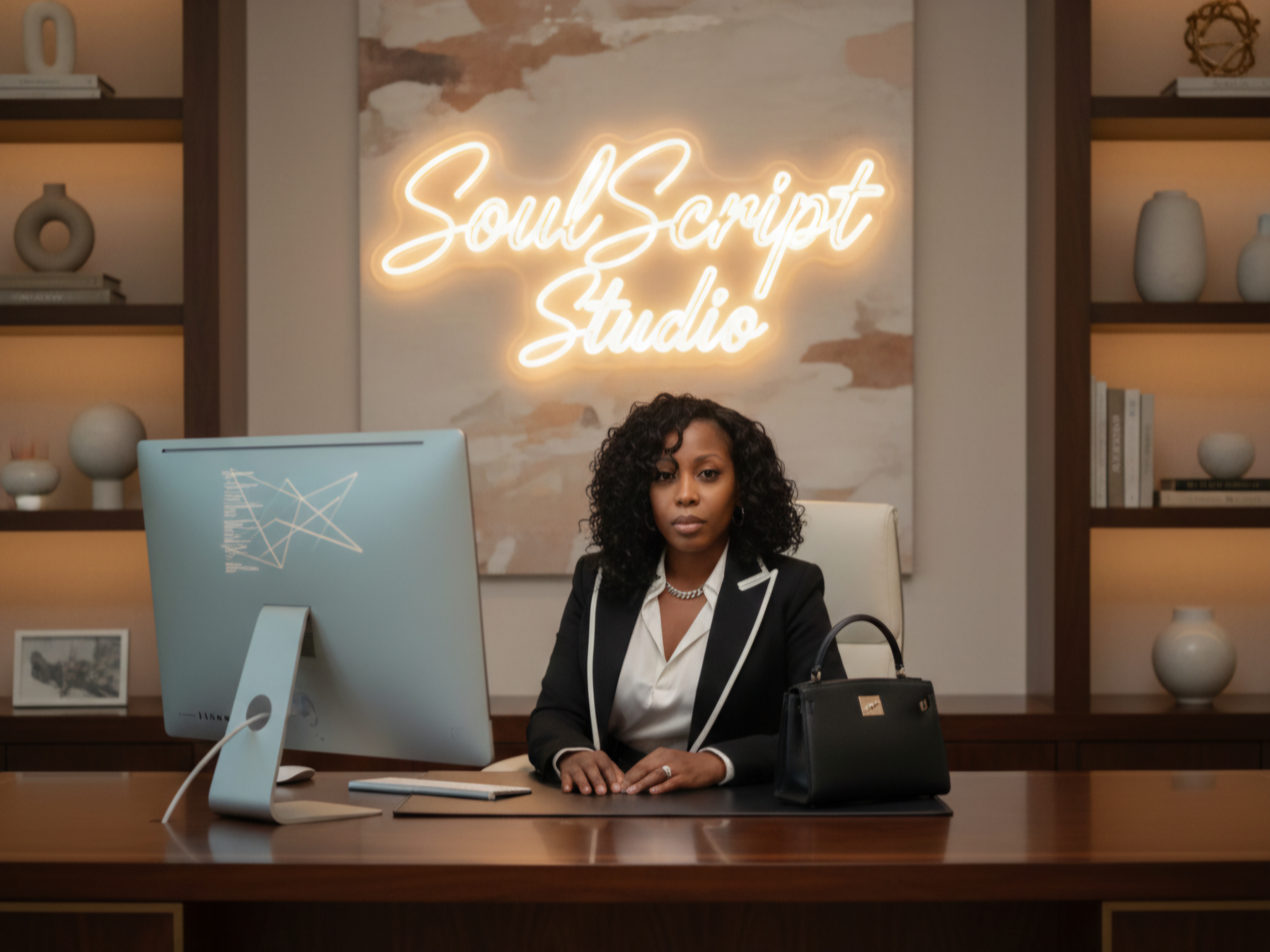 A grand piano in a warmly lit studio, with sheet music scattered on top, golden sunlight streaming through tall windows, and a vintage microphone nearby. The scene evokes a sense of soulful creativity and cinematic elegance, with subtle faith-inspired decor and a tranquil, inviting atmosphere.