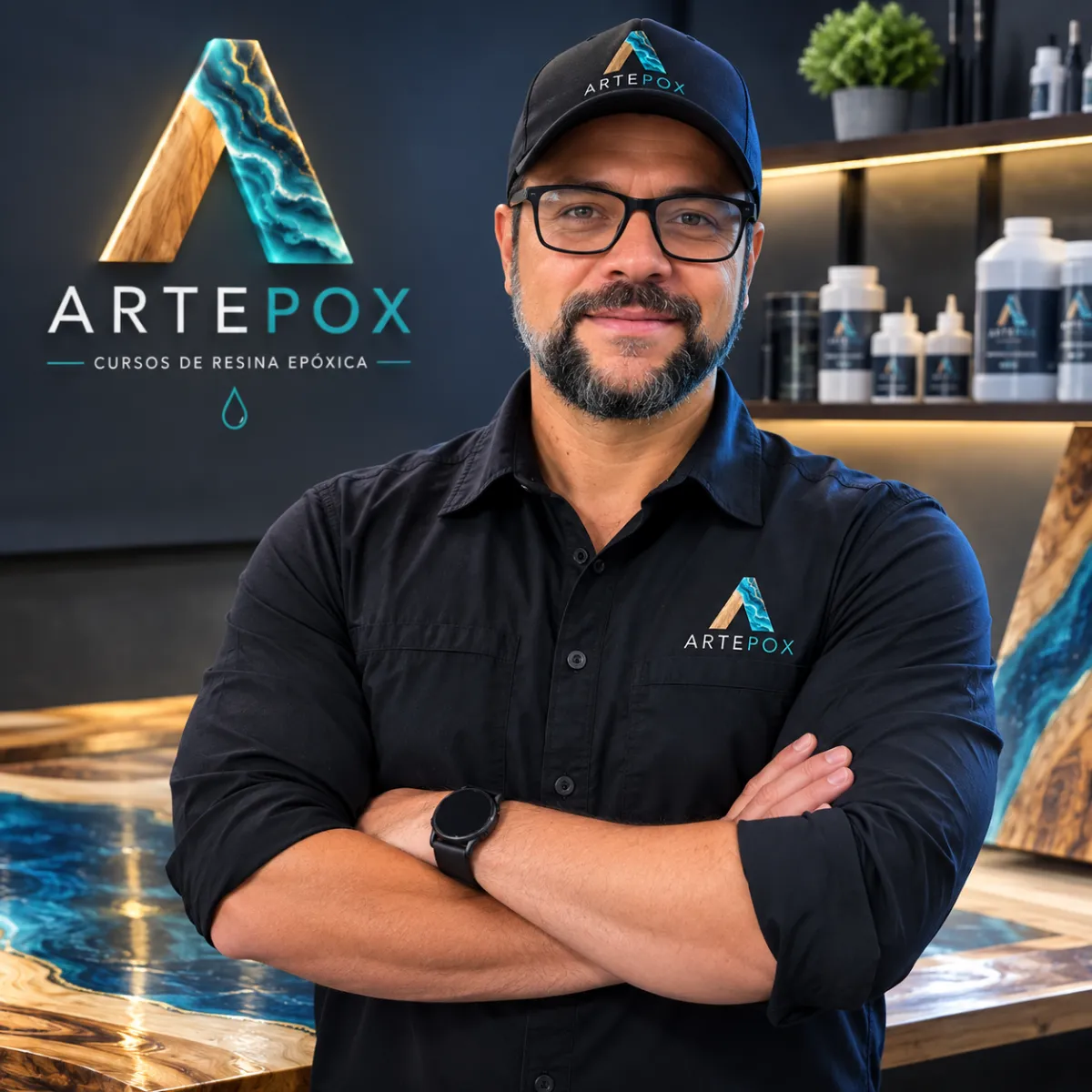 Instructor Germán Araujo trabajando con resina epoxi