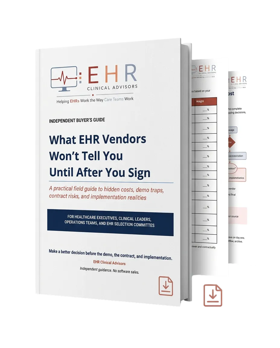 Flat mockup of the 'Independent EHR Buyer's Guide' cover showing title and subtitle in a clean layout.