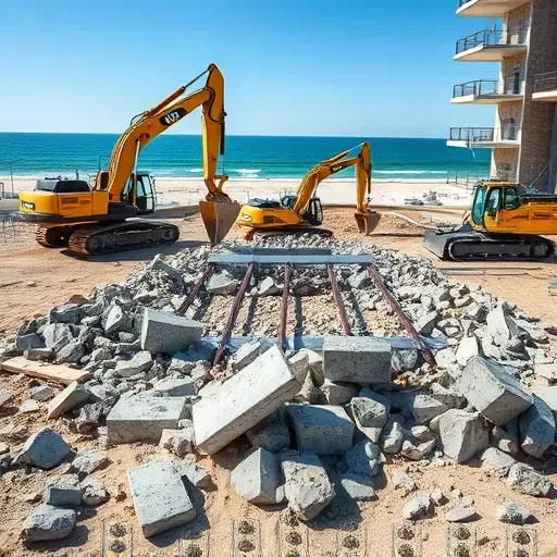 Demolition site in Myrtle Beach SC with rubble, heavy machinery, and sandy terrain under blue skies and coastal views.