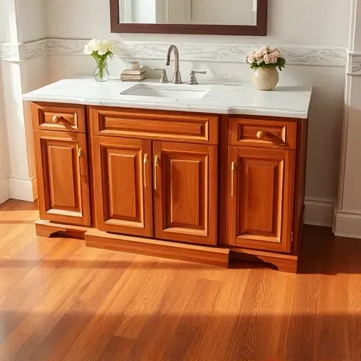 Elegant Charleston bathroom with polished hardwood flooring, classic cabinetry, marble vanity, and soft natural lighting