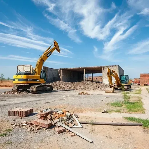 Completed demolition in Easley SC shows cleared lot with debris, machinery, and blue sky symbolizing transformation.
