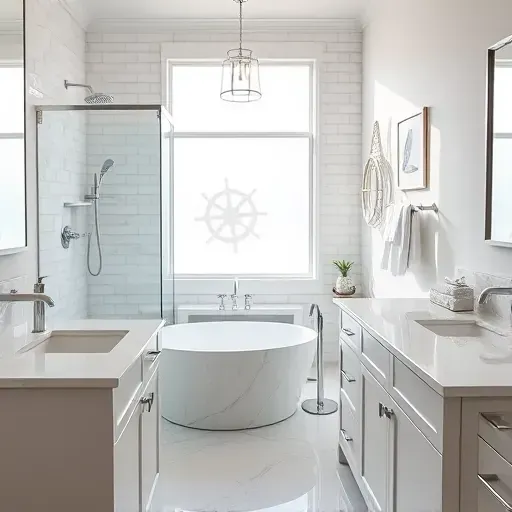 Renovated Charleston bathroom with modern chrome fixtures, walk-in glass shower, soaking tub, marble counters, coastal accents