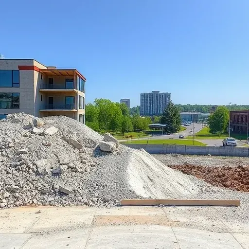 Demolition site in Rock Hill SC showing clean space with crushed concrete piles and urban landscape in background.