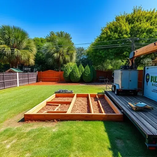 Completed deck removal in Charleston SC showcasing neat debris, lush backyard, organized tools, and professional landscaping