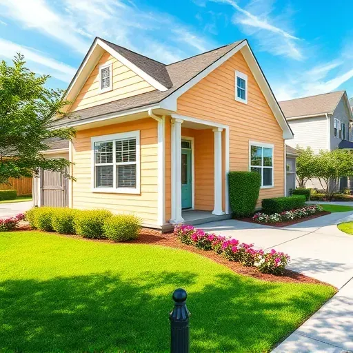 Freshly painted Myrtle Beach house exterior with vibrant, flawless siding and trim, lush lawn, colorful flowers, and blue sky