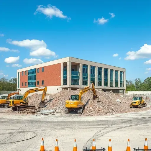 Demolition site in Greenwood SC showcasing rubble, machinery, and a partially intact building under a clear sky.