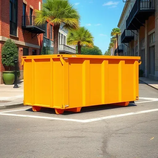 Clean bright dumpster on a quiet Charleston street with historic architecture, lush greenery, and clear blue sky