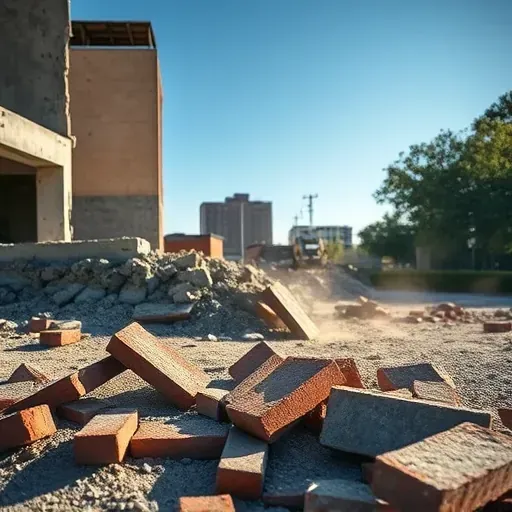 Demolition aftermath in North Charleston SC, featuring cut concrete slabs, scattered bricks, and dust in sunlight.