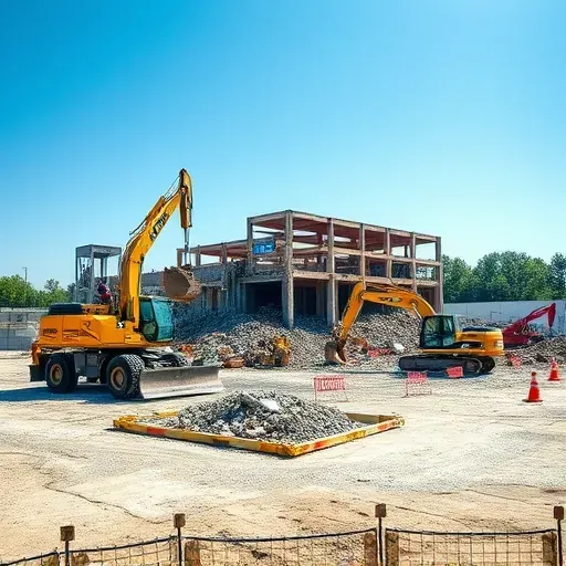 Demolition site in Lexington SC with rubble, machinery, safety barriers, and clear skies showcasing professional efficiency.