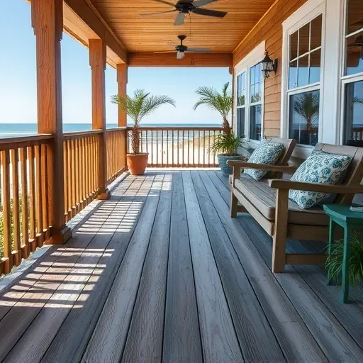Newly finished Myrtle Beach deck with wooden planks, intricate railing, built-in seating, lush greenery, ocean view