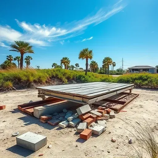 Demolition site in Hilton Head Island SC with debris, palm trees, and clear blue skies highlighting efficient cleanup.
