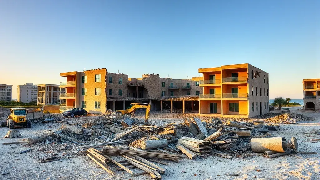 Demolition in Myrtle Beach, SC with debris and heavy machinery on site.