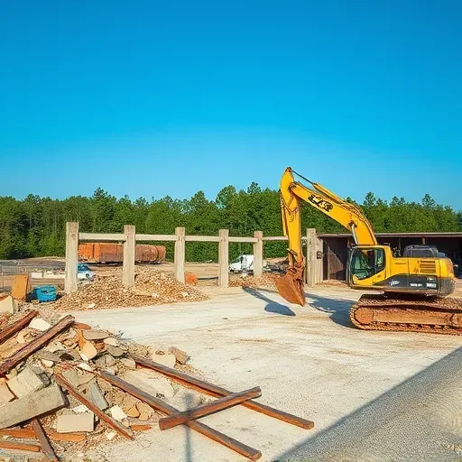 Cleared demolition site in Carolina Forest SC with debris, construction equipment, and lush greenery background.