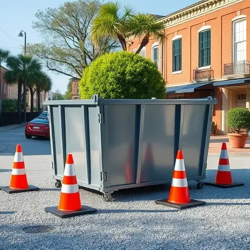 Pristine dumpster rental site in Charleston SC with a steel dumpster, traffic cones, safety barriers, historic brick buildings, and lush greenery