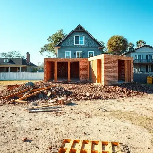 Completed house demolition in Charleston SC with cleared lot showing debris and prepared ground for new construction.