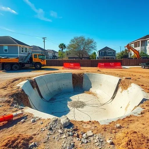 Recently demolished Charleston pool site with exposed concrete, rebar, machinery, debris, and clear sky.