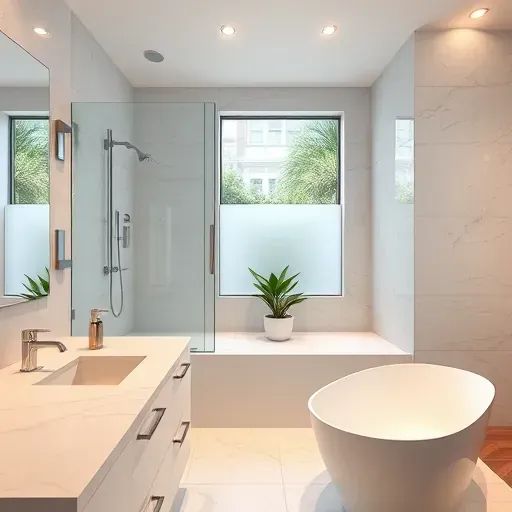 Renovated Charleston bathroom with white marble countertops, glass-shower, modern bathtub, lush greenery view, and elegant details