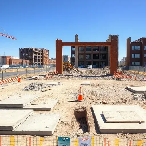Demolition site in Aiken SC showcasing cleared debris, foundation remnants, construction barriers, and clear skies.