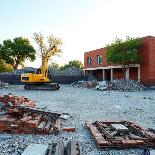 Cleared lot in Conway SC after demolition with yellow excavator, rubble, trees, and morning light. Transformation awaits.