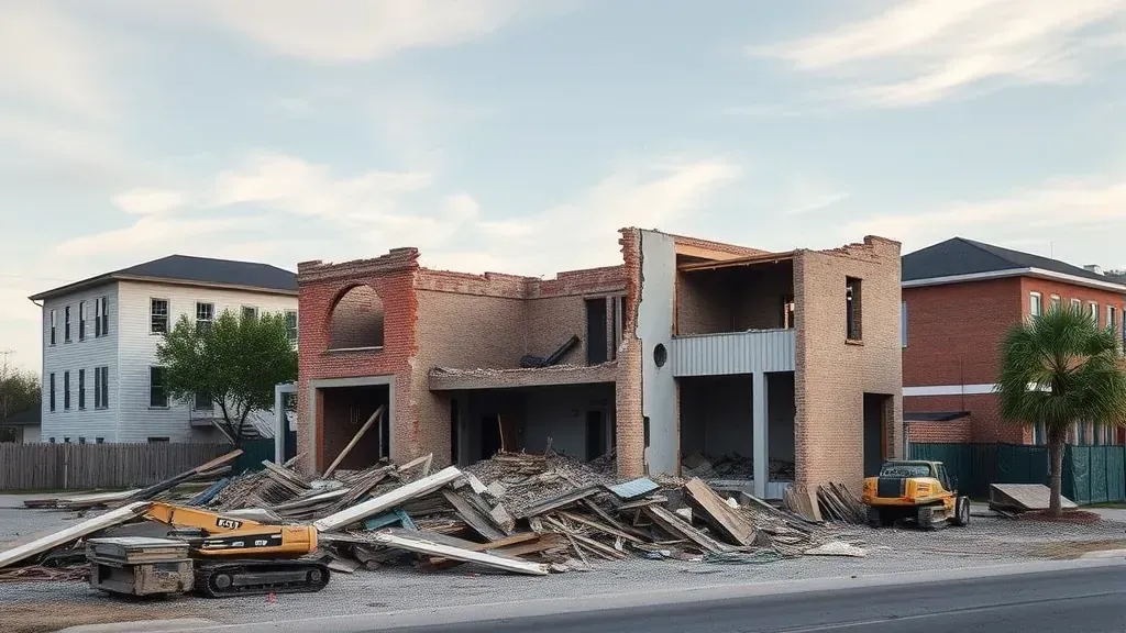 Demolition in Charleston SC with heavy machinery tearing down a building amid debris and dust.