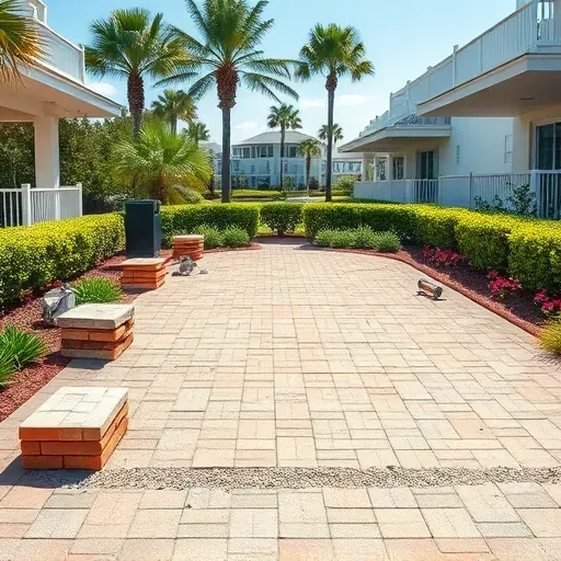 After patio removal in Myrtle Beach SC showing cleared level ground, construction materials, landscaping, and coastal architecture