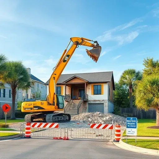 Final stage of house demolition in Charleston SC, featuring debris, organized equipment, and clear pathways under a blue sky.