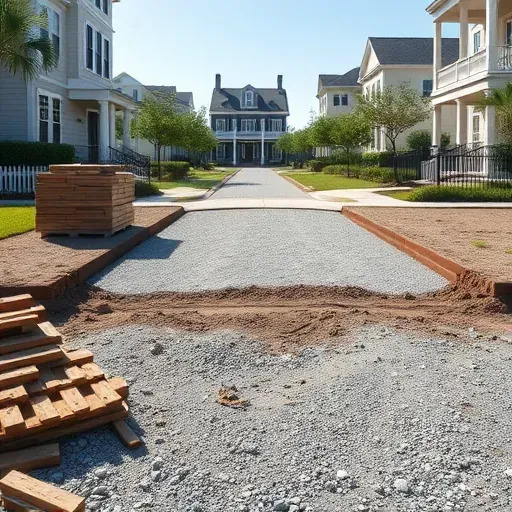 Recently removed asphalt driveway in Charleston with exposed gravel and soil, showing professional driveway removal site