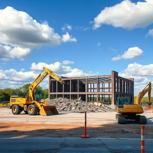 Demolition site in Conway SC with cleared lot, construction equipment, rubble, and bright blue sky.