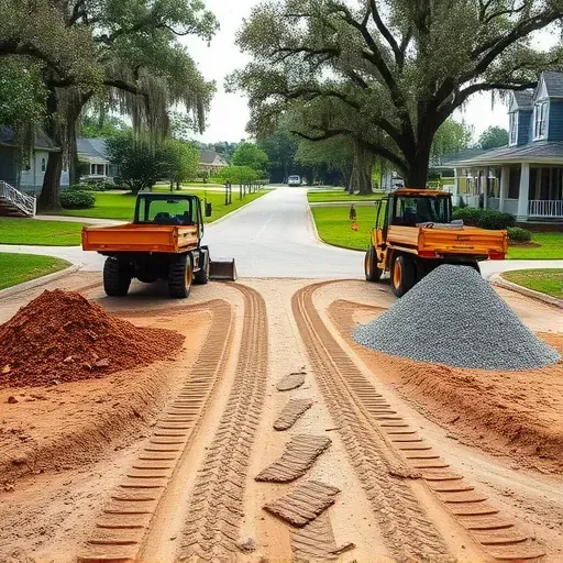 Driveway removal site in Charleston SC with excavator, dump trucks, disturbed earth, gravel piles, and southern neighborhood background