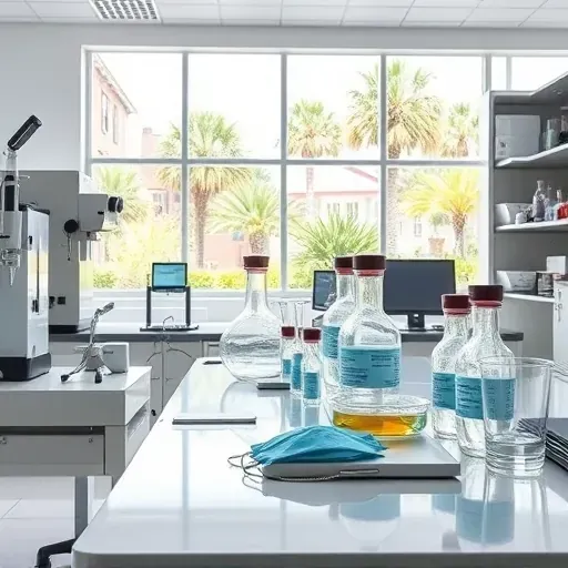 Modern Charleston asbestos testing lab with high-tech equipment, safety gear, glassware, and coastal city views