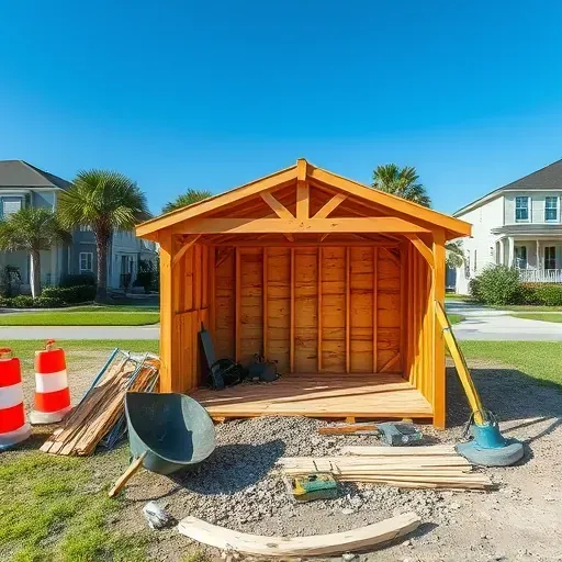 Completed shed demolition site in Charleston SC with organized debris, tools, and a suburban neighborhood background