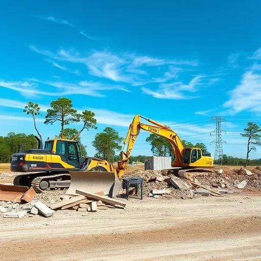 Completed demolition site in Moncks Corner SC with construction machinery, debris, and a clear blue sky.