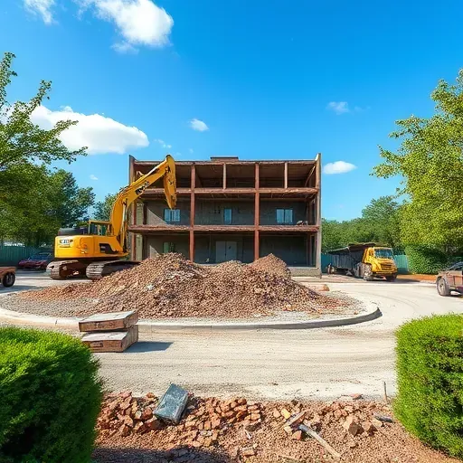 Demolition site in Moncks Corner SC, featuring organized debris, construction equipment, and a clear blue sky.