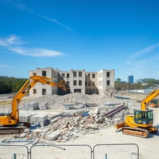 Completed demolition site in Bluffton SC featuring piles of debris, construction equipment, and a clear blue sky.
