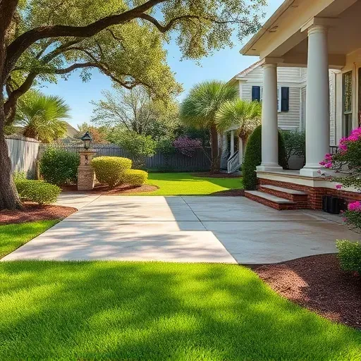 Recently removed stained concrete patio in Charleston SC with cleared soil lush landscaping and a charming Charleston home