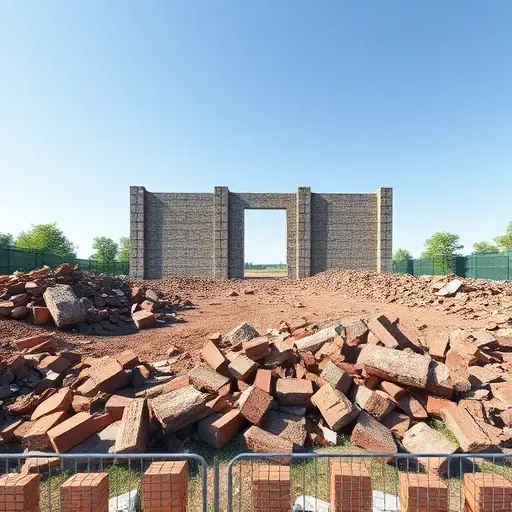 Demolition site in Greenwood SC with scattered debris, safety fence, and hints of greenery in a clear sky background.