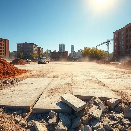 Demolition site in Greenville SC with cleared lot, debris, rubble, and nearby buildings under clear blue sky.