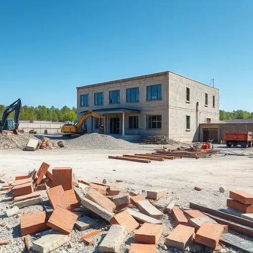 Completed demolition site in Easley SC features cleared space with debris and parked machinery under a blue sky.